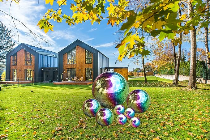 Kunjocy Pack of 8 Stainless Steel Gazing Balls Assorted 50-150mm Small Garden Gazing Globes Hollow Mirror Polished Seamless Reflective Sphere Balls for Home Yard Lawn Outdoor Decorations (Rainbow)
