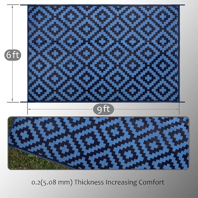 SAND MINE Reversible Mats, Plastic Straw Rug, Modern Area Rug, Large Floor Mat and Rug for Outdoors, RV, Patio, Backyard, Deck, Picnic, Beach, Trailer, Camping, Blue, 6' x 9'