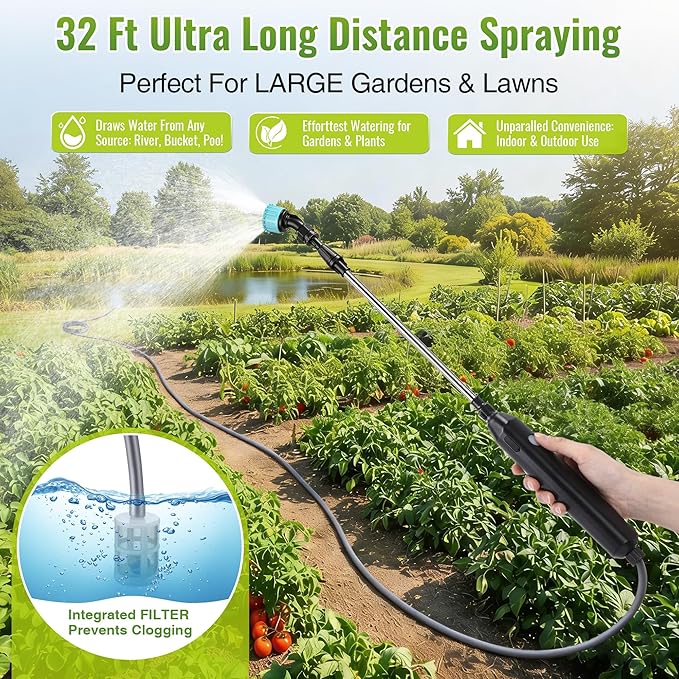 Battery Powered Sprayer Wand, 32 FT Hose, 32 Inch Electric Pump Sprayer with 3 Adjustable Speeds, Battery Indicator, Rechargeable Garden Sprayers for Plant Watering, Cleaning & Outdoor Use
