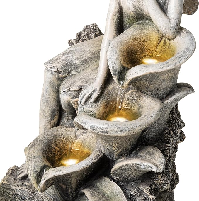 Glitzhome Water Fountain Outdoor, Outdoor Fountain with Lights & Pump, 22.75" H 4-Tiered Concrete Fairy Polyresin Cascading Waterfall Floor Standing Water Feature for Garden, Patio, Yard, Deck