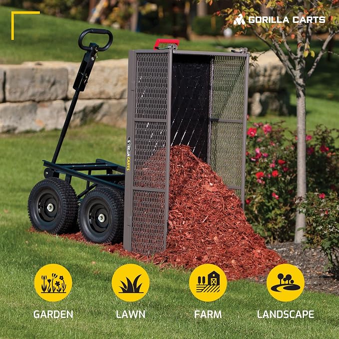 Gorilla Carts Steel Dump Cart, 5 Cu Ft Bed, 1200 lb Load Capacity, Gray – Towable Heavy-Duty Outdoor Utility Wagon with Removable Side Panels for Yard, Lawn, Garden or Landscaping