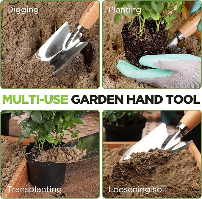 WORKPRO 11" Garden Hand Trowel, Heavy Duty Polished Stainless Steel Garden Shovel with Wooden Handle, Hand Gardening Tool for Digging, Planting, Transplanting