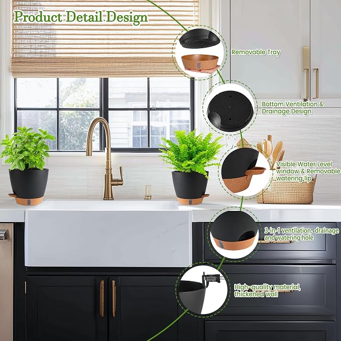 Self Watering Pots for Inoor Ourdoor Plants 10/9/8/7/6.5 Inch Plastic Planters with Drainage Holes & Water Level Indicator, Decorative House Flower Nursery Planting Pots with Saucers(Black)