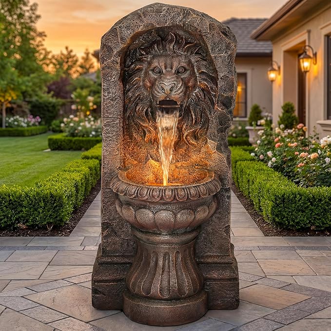 30" Lion Head Outdoor Water Fountain, Handcrafted Antique Stone Sculpture Garden Fountain, Warm LED-Lit Cascading Waterfall, Relaxing Fountains for Outside Garden Patio Yard Deck Floor Decor