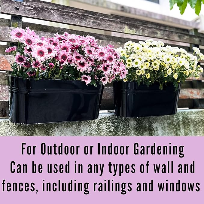 LaLaGreen Outdoor Plants Rail Planter (15 Inch, 4 Pack) Black Metal Iron Hanging Flower Pots Deck Railings Fence Balcony Buckets Modern Boho Style Window Box Plant Holder Hooks Porch Home Garden Decor