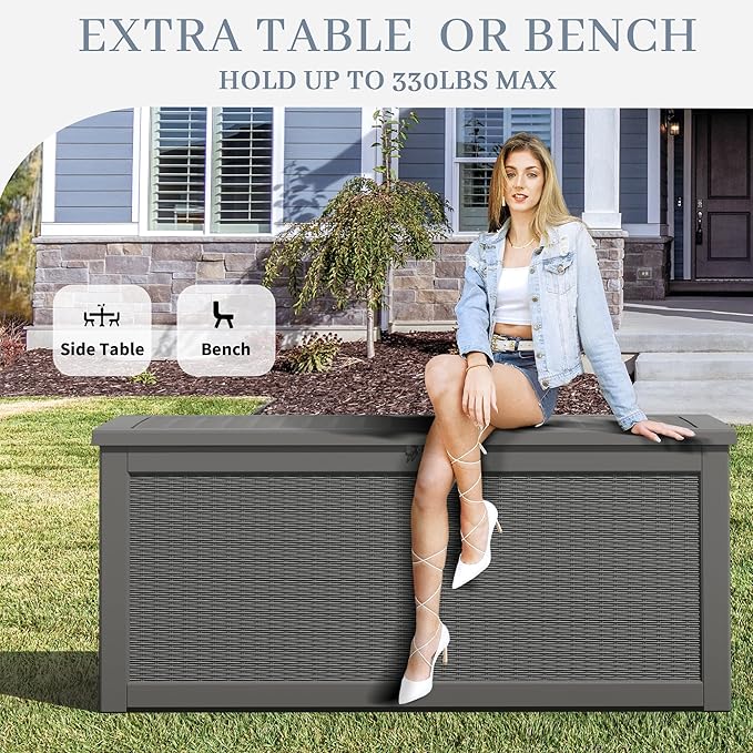 Outdoor Storage Box, 320 Gallon Resin Deck Boxes Outdoor Waterproof For Patio Furniture, Garden Tools, Pool Supplies, Lockable And UV Resistant (Rattan Gray)