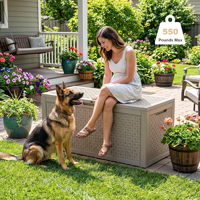 EasyUp 110 Gallon Deck Boxes Outdoor Waterproof, Resin Outside Storage Box for Patio Cushion Furniture Pool Accessories Garden Tools Indoor Outdoor Storage Bench (110 Gallon, Grey)