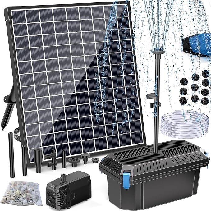 POPOSOAP 25W Solar Water Pump with Pond Filter, Solar Pond Filter with Pond Pump Water Flow Adjustable, Pond Filter with PVC Tubing for Outdoor Ponds Fish Tank Waterfall Garden Water Features P3253
