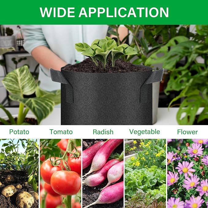 YSSOA 5 Pack 5 Gallon Grow Bags, Aeration Nonwoven Fabric Plant Pots with Handles, Heavy Duty Gardening Planter for Potato, Tomato, Vegetable and Fruits, Black
