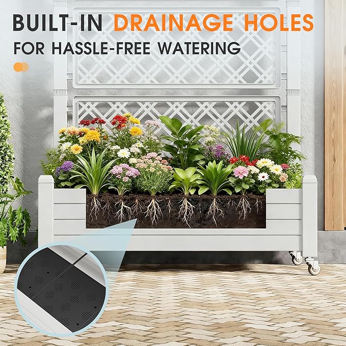 Resin Raised Garden Bed with Trellis and Wheels, Planter Box with Trellis Outdoor, Raised Planter with Trellis with Drainage Holes & Water Monitor for Climbing Plants, Ashen(61.2" H)