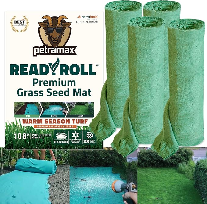 PetraMax Bermuda Grass Seed Rolls for Southern Lawns - Biodegradable Roll Out Grass Seed Mat - Also Perennial Rye & Tall Fescue Blend - Full Sun - Erosion Control - Patch Lawn Repair (432 Sq Ft)