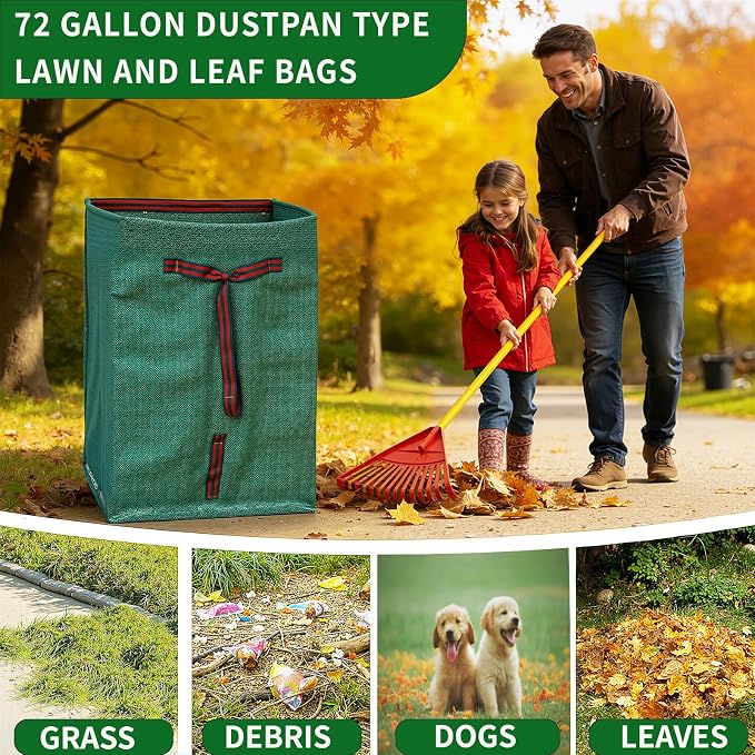 72 Gallon Reusable Yard Waste Bags 2 Pack, Heavy Duty Collapsible Lawn & Leaf Bag, No-Bend Dustpan Design with Support Rods, Foldable Garden Debris Bag for Grass Clippings, with Gardening Gloves