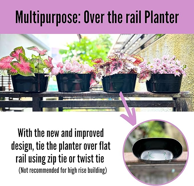 LaLaGreen Outdoor Plants Rail Planter (15 Inch, 6 Pack) Black Metal Iron Hanging Flower Pots Deck Railings Fence Balcony Buckets Modern Boho Style Window Box Plant Holder Hooks Porch Home Garden Decor