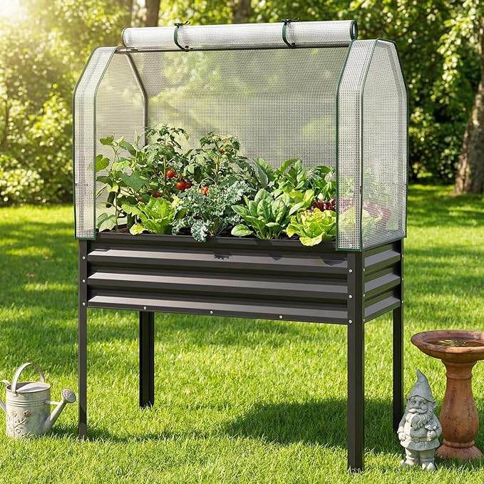 Giantex Raised Garden Bed with Legs & Greenhouse Cover, 44x22x60 Elevated Metal Planter Box with Roll-up Door, Outdoor Mini Greenhouse for Vegetable Flower Herb Patio Balcony (Black,1)