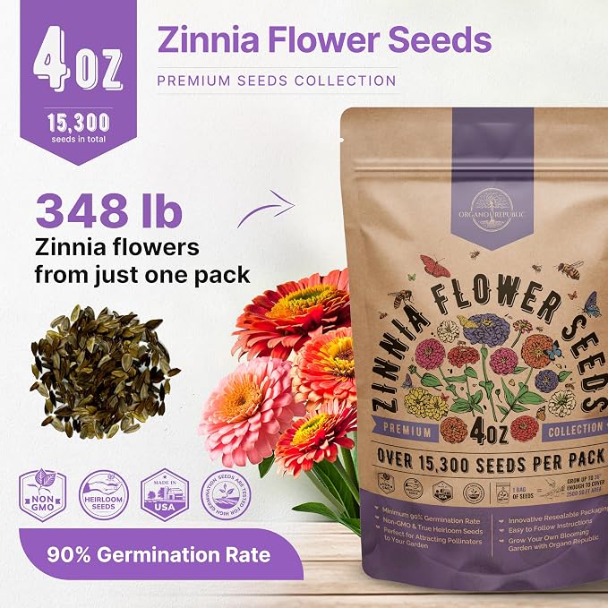 Zinnia Seeds Pack 4 oz - Over 15,300 Non-GMO Heirloom Zinnia Seeds for Planting, Annual Flowers in Individual Seed Packet for Planting Home Garden Indoor & Outdoor Gardening (Pack of 2)