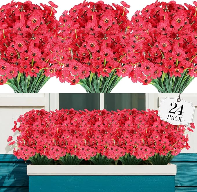 AGIRL 24 Bundles Artificial Flowers for Outdoor,No Fade Fake Plastic Flowers Faux Plants for Decoration Hanging Planters Indoor Outside Garden Porch Window Box Home Wedding Farmhouse