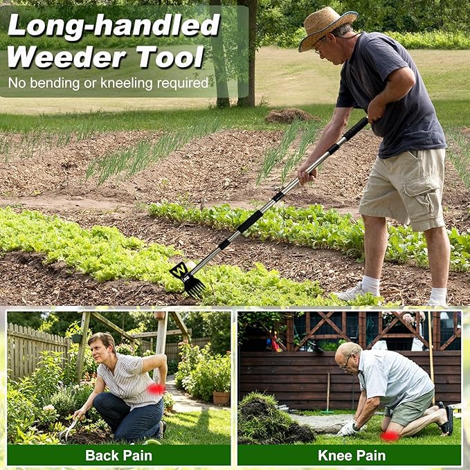 Weed Puller Tool - 60" Manual Weeder Remover Tool, Long Handle Weed Grabber Remover, 2 in 1 Hand Weed Rake and Garden Hoe, Heavy Duty Uprooting Weeding Pull for for Garden Patio Lawn