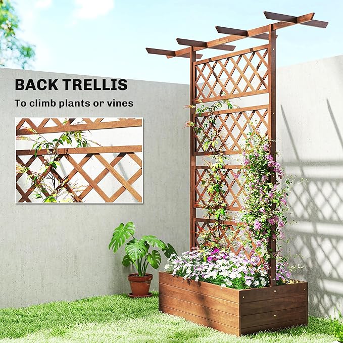 Outsunny Wood Planter Box with Trellis, Raised Garden Bed Privacy Screen Planter Box for Climbing Plants, Vines, Vegetables, Flowers, 63" x 21.75" x 72"