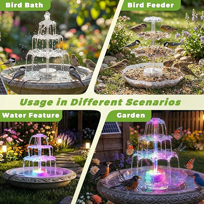 AISITIN 6.5W Solar Bird Bath Fountain with 8-Color LED Lights, 3 Tiered Bird Bath & Feeder, Upgraded Detachable Solar Pump for Garden, Patio, Yard, Pond (Auto Pump Day, Light at Night)