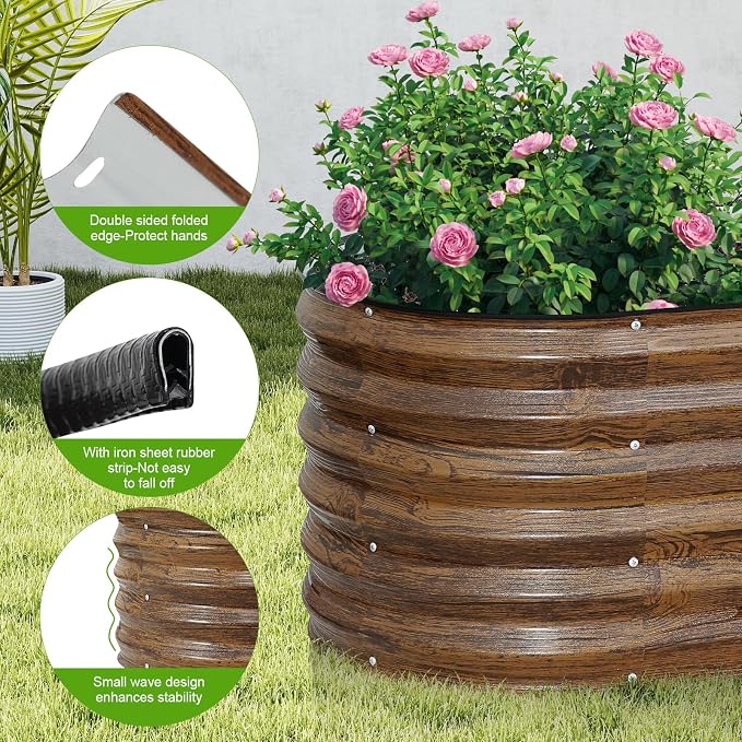 Galvanized Raised Garden Bed Outdoor- 2PCS 4x2x1.4ft Oval Steel Raised Beds for Gardening, Metal Planter Box with Protective Strip and Gloves for Vegetables, Flowers, Fruits(Brown)