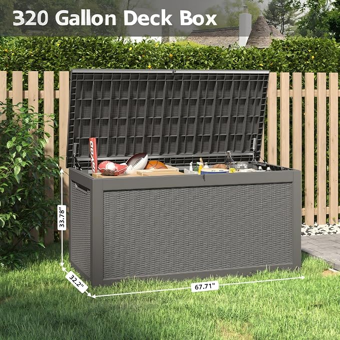 Outdoor Storage Box, 320 Gallon Resin Deck Boxes Outdoor Waterproof For Patio Furniture, Garden Tools, Pool Supplies, Lockable And UV Resistant (Rattan Gray)