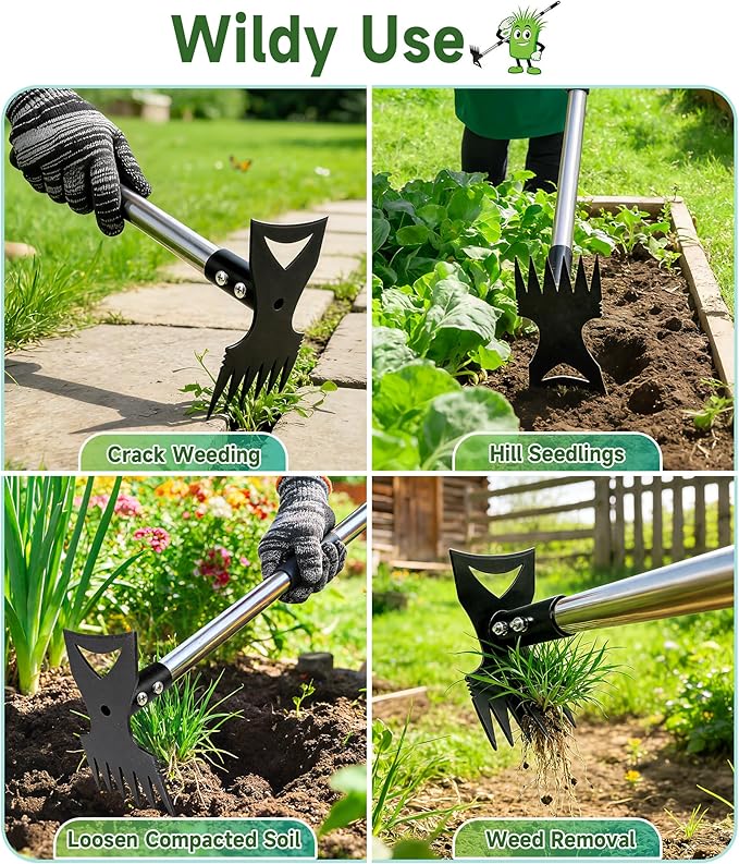 71in Weed Puller Tool with Long Handle, 2 in 1 Heavy Duty Garden Hoe and Hand Weed Rake, Adjustable Manual Weeders for Uprooting with Gloves for Gardens, Lawns, Yards