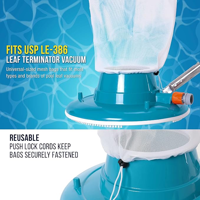 U.S. Pool Supply Fine Mesh Filter Bags for Leaf Vacuum Pool Cleaners, 2 Pack - 12" x 20" Replacement Net Bags, Pull-N-Lock Cord, Holds Leaves & Debris - Universal Fit, Leaf Terminator, Eater, Gulper