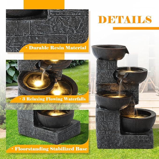 4-Tier Outdoor Garden Water Fountain, 22" H Modern Resin Cascading Bowls Fountain with LEDs and Pump, Freestanding Fountains and Waterfalls for Yard, Porch and Patio Indoor Decor (Brown)