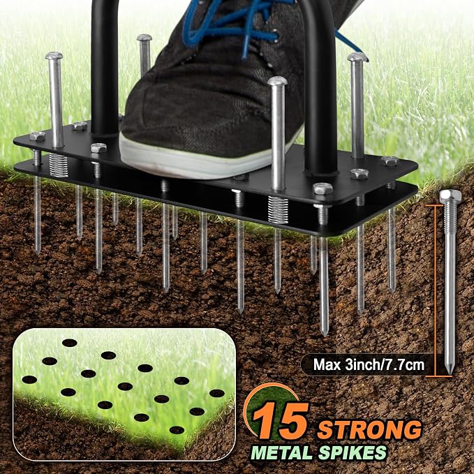 Lawn Aerator Tool, Manual Lawn Aerators with Padded T-Handle, 15 Solid Steel Spikes, Dual-Layer Design for Aeration in Lawn, Yard, Garden Soil (Include Gloves)