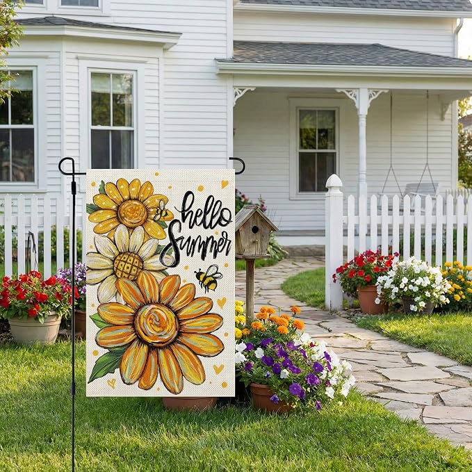 CROWNED BEAUTY Hello Summer Garden Flag Sunflowers 12x18 Inch Double Sided Small Floral Seasonal Holiday Decoration for Outside Yard
