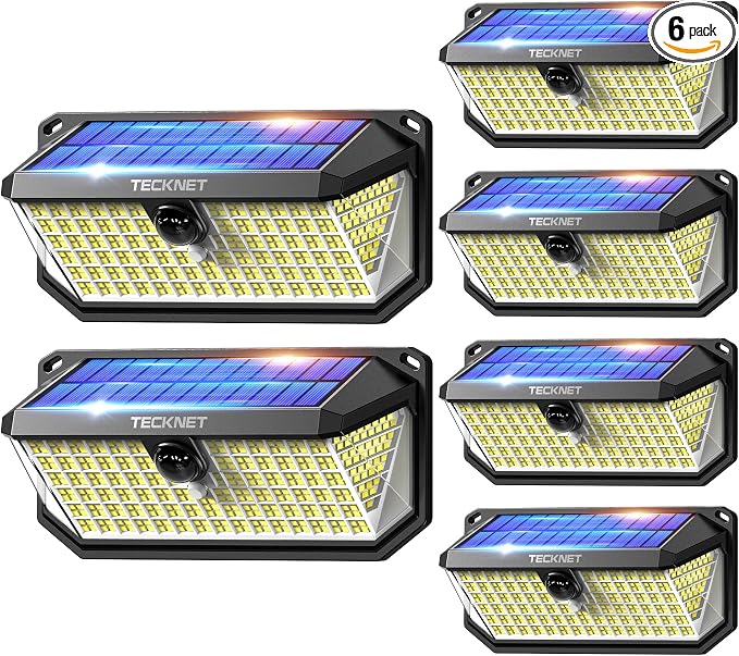 TECKNET 416 LED Solar Powered Outdoor Lights, 300° Angle & 3 Lighting Modes Motion Sensor Light Outdoor, Security Solar Lights Waterproof - 6 Pack