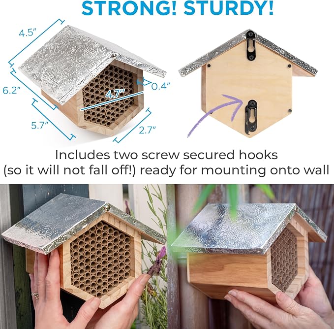 Rivajam Beekeeper Pro Mach II Mason Bee House - Strong + Waterproof Bee Hotel & Insect Habitat - Replaceable Mason Bee Tubes Filled Bee Houses for the Garden - Pollinator House Gardening Gifts