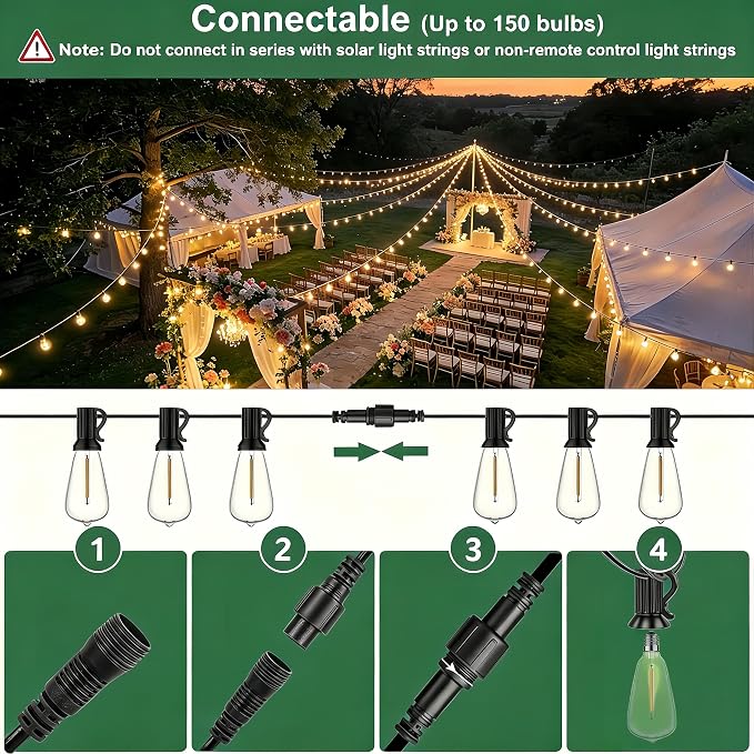 150FT Outdoor String Lights with Remote, Garden Patio Decor with 2500K Warm White, 75+3 LED Edison Bulbs, Support Timer Dimmable Waterproof Shatterproof for Yard Outside Porch Deck Backyard (24v)