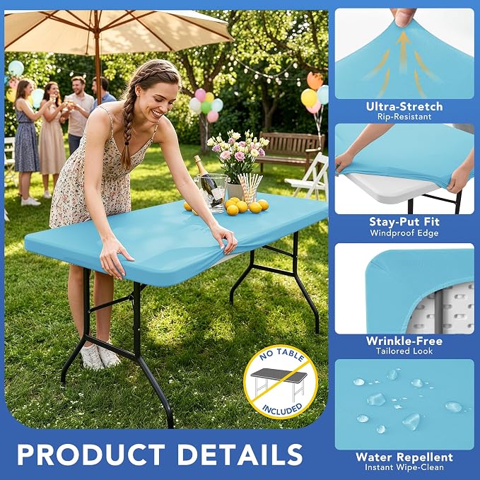 Fitted Tablecloth for 8 Foot Rectangle Table-4 Pack Light Blue Elastic Outdoor Picnic Table Cover-Spandex Stretch Folding Tablecloths 8ft for Camping Dining Room Patio Kitchen Banquet Party