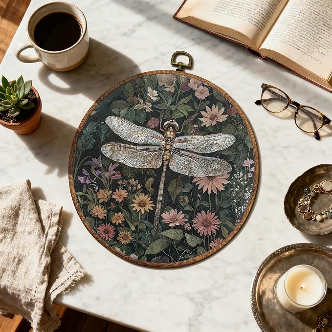 DOFQZ Vintage Boho Floral Dragonfly Round Wall Art Decor, Dark Cottagecore Wildflower Framed Wall Art, Rustic Botanical Dragonfly Canvas Wall Hanging Decor for Home Bedroom Living Room, 10x10