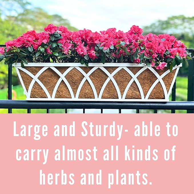 LaLaGreen Deck Railing Planter Outdoor (2 Pack, 30") Rectangular Window Flower Box with Coco Liner, White Metal Wall Hanging Planters Plant Holder Mounted Horse Troughs Rail Fence Patio Garden Decor