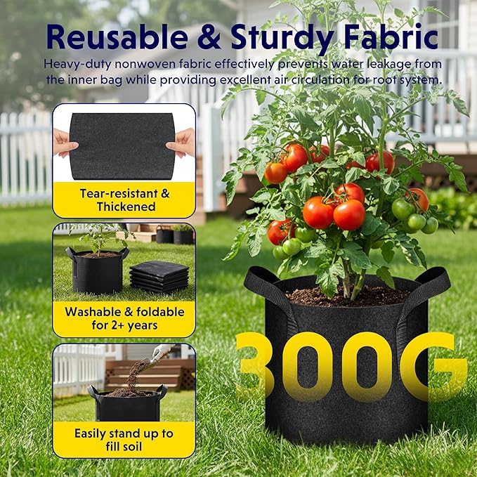 iPower 3 Gallon 10 Pack Grow Bags Nonwoven Fabric Pots Aeration Container with Strap Handles for Garden and Planting, 10-Pack Black, 3 Gallon