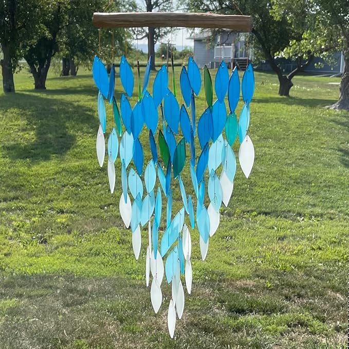 Blue Handworks Deluxe Ocean Ombre Waterfall & Driftwood Chime, Sandblasted Glass and Found Wood Handcrafted Wind Chime