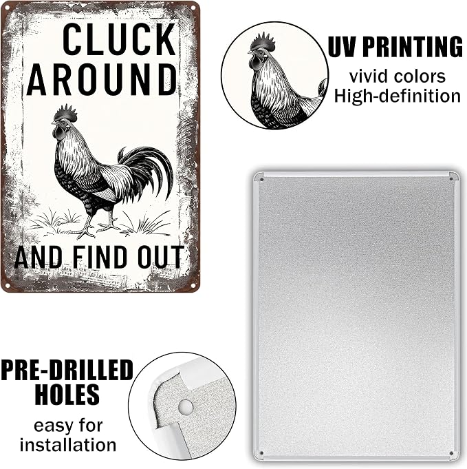 Funny Chicken Signs-Vintage Metal Chicken Signs for Coop Funny Outdoor,Cluck Around and Find Out Tin Sign for Home Farm Chicken Coop Farmhouse Kicthen Garden Decor 8 X 12 Inch