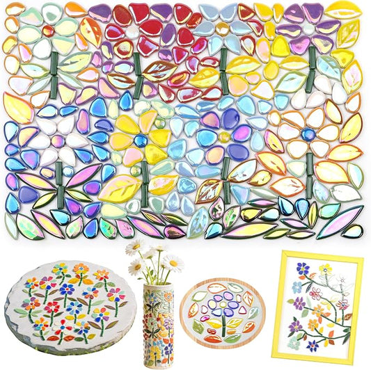 LOTOFUN Mosaic Tiles for Stepping Stones: Ceramic Iridescent 610g Mosaic Tiles for Crafts Bulk with Petals Centers Leaves Stem Decorative Flower Mosaic Supplies for DIY Garden Decor Mother’s Gift