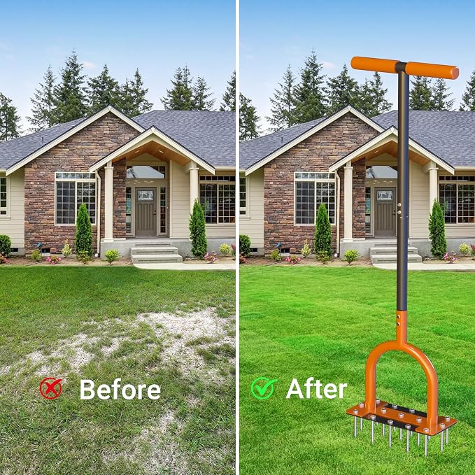 39in Lawn Aerator with 15 Industrial-Grade No.45 Steel Spikes Aerator Lawn Tool Manual Yard Aerator Grass Aerator Aeration Tool for Lawn, Yard, Garden, Compacted Soil