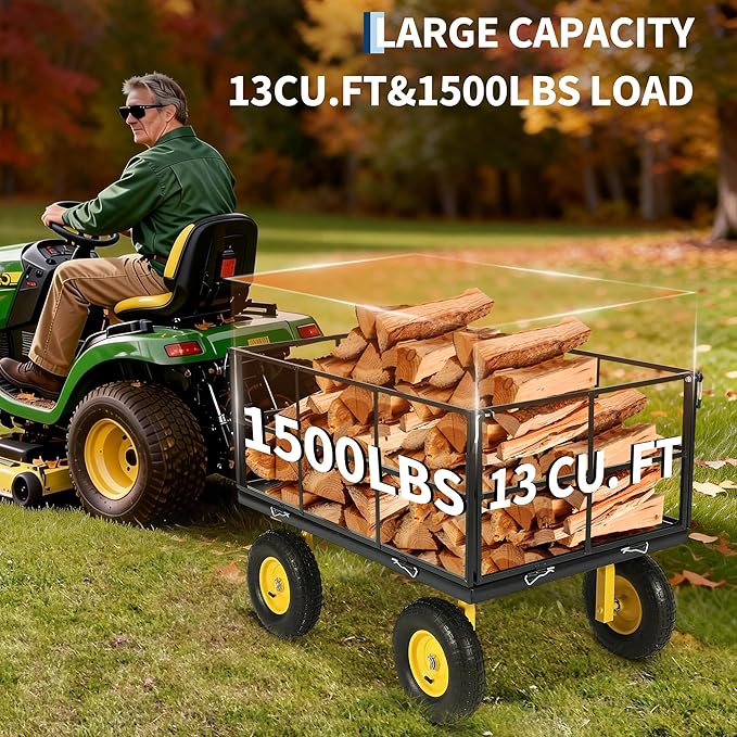 Garvee 1500 LB Garden Dump Cart with 13 in All Terrain Tires, 3-in-1 Yard Wagon Cart with Removable Side Panels, Heavy Duty Outdoor Metal Utility Wagon Yard Trailer for Outdoor Lawn, Yard, Backyard