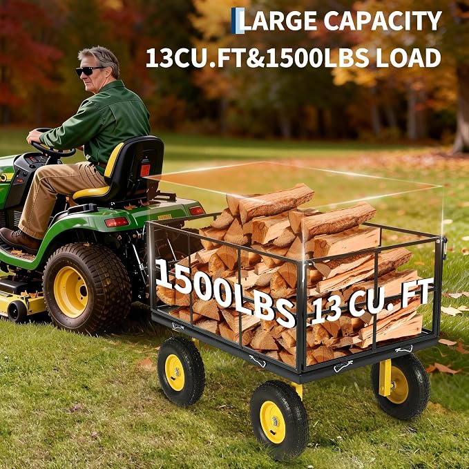 Garvee 1500 LB Garden Wagon Cart with 13 in All Terrain Tires, 3-in-1 Yard Wagon Cart with Removable Side Panels, Heavy Duty Outdoor Metal Utility Wagon Yard Trailer for Outdoor Lawn, Yard, Backyard