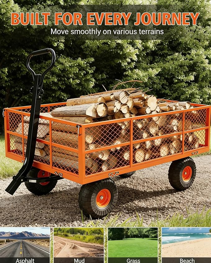 Garvee Steel Garden Cart, 1200 LBS Capacity Utility Outdoor Wagon, Heavy Duty Mesh Garden Wagon with Removable Sides, 2-in-1 Handle, 13" Tires for Yard, Lawn, Garden