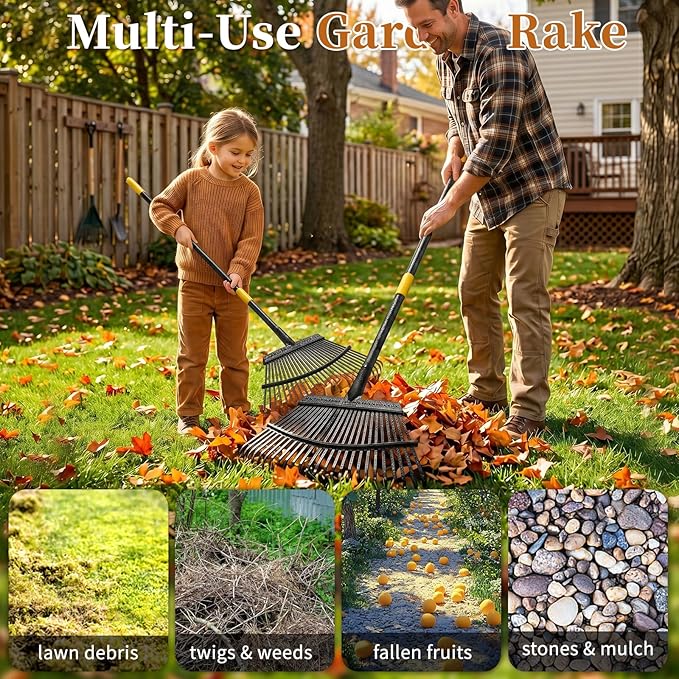 Rake for Leaves Heavy Duty, Large Garden Leaf Rakes for Lawns, 65 Inch Gardening Rake with Back-Saving Long Handle, 18.5” Wide 25 Tines Head for Quick Cleanup Yard Grass Clippings, Anti-Rust