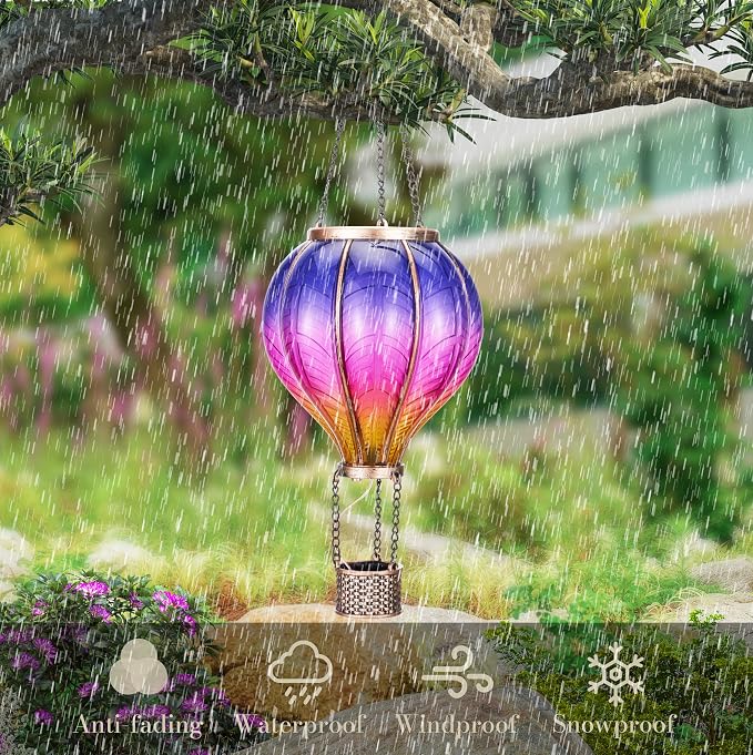 TERESA'S COLLECTIONS Hot Air Balloon Solar Lantern for Garden Decor ,Flickering Flame Hanging Solar Light for Outdoor ,Purple & Pink Plastic Lamp for Yard Tree Gift for Mom