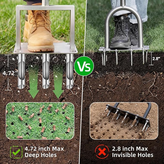 Manual Core Aerator Lawn Tool: Easily Assemble Lawn Aerator with 6 Removable Hollow Tine, Stainless Steel Grass Aerator for Lawn, 39" Yard Plug Aerator to Revive Compacted Soil Health