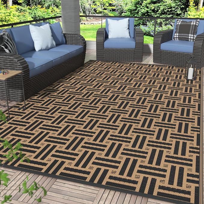 GENIMO Outdoor Rug for Patio Clearance, 6'x9' Reversible Geometric Plastic Straw Rugs, Lightweight Waterproof RV Camping Mat for Camper, Balcony, Deck, Backyard, Picnic, Black Brown