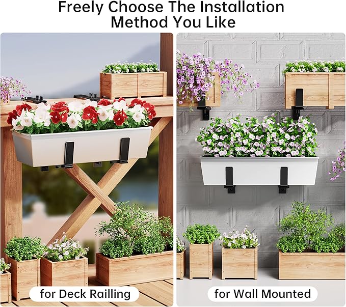 Y&M 4 Pcs Deck Railing Adjustable Planter Box Brackets (6 to 12.5 in), Universal Heavy Duty Iron Flower Box Brackets Wall Mounting Hooks for Fences, Patio, and Garden - Black (Patent Registered)