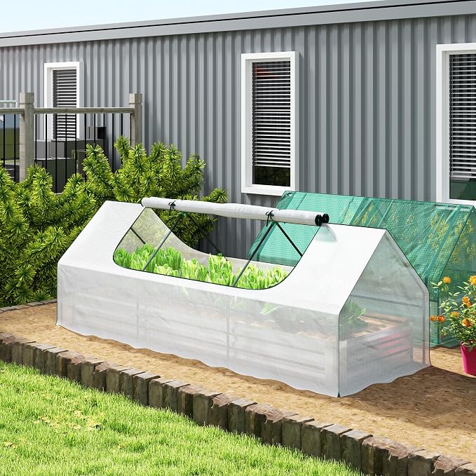 Outsunny 8.6 x 3 x 1ft Metal Planter Box with Mini Greenhouse, Galvanized Raised Garden Bed with Cover for Herbs and Vegetables, Small Greenhouse for Patio Garden Balcony, White and Silver